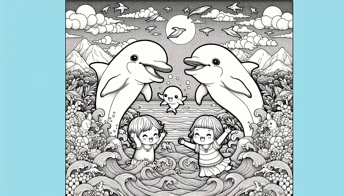子どもと泳ぐイルカ