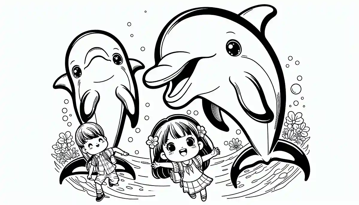 子どもと泳ぐイルカ