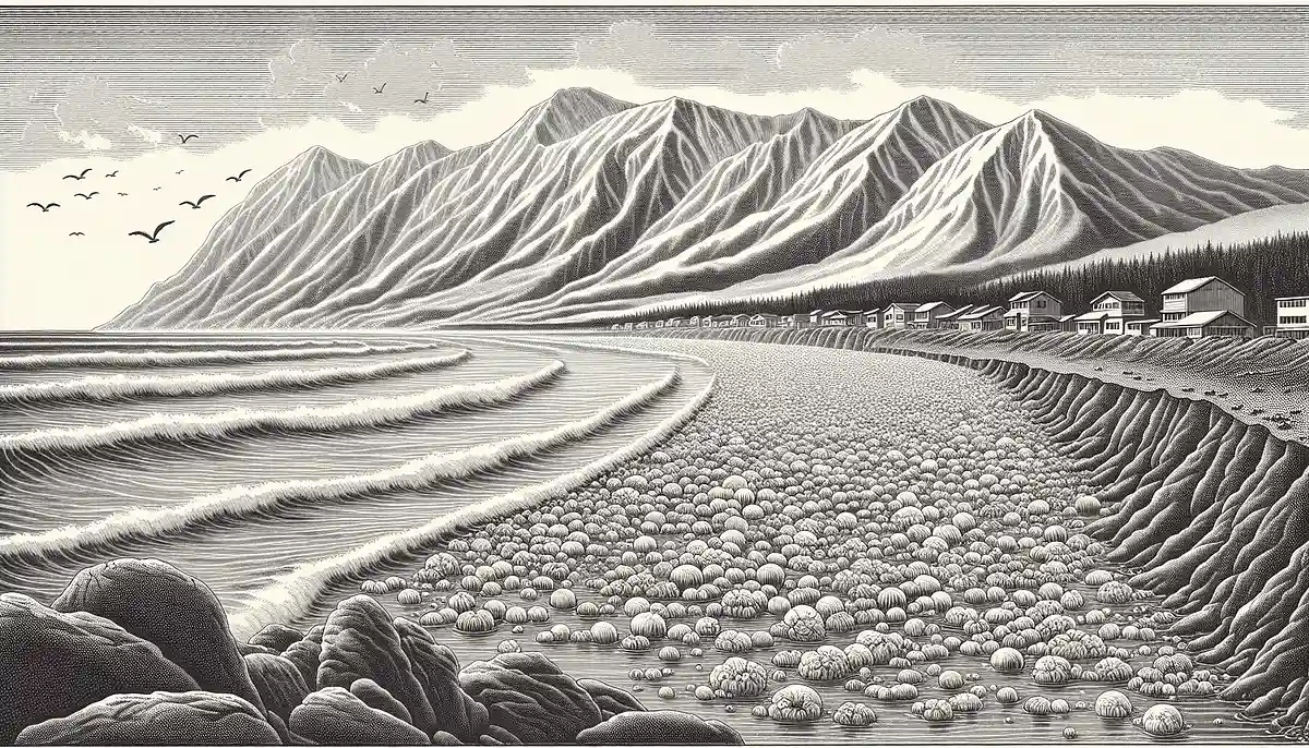 2024年3月、北海道厚真町の海岸に大量に打ち上げられたのは何でしょう？