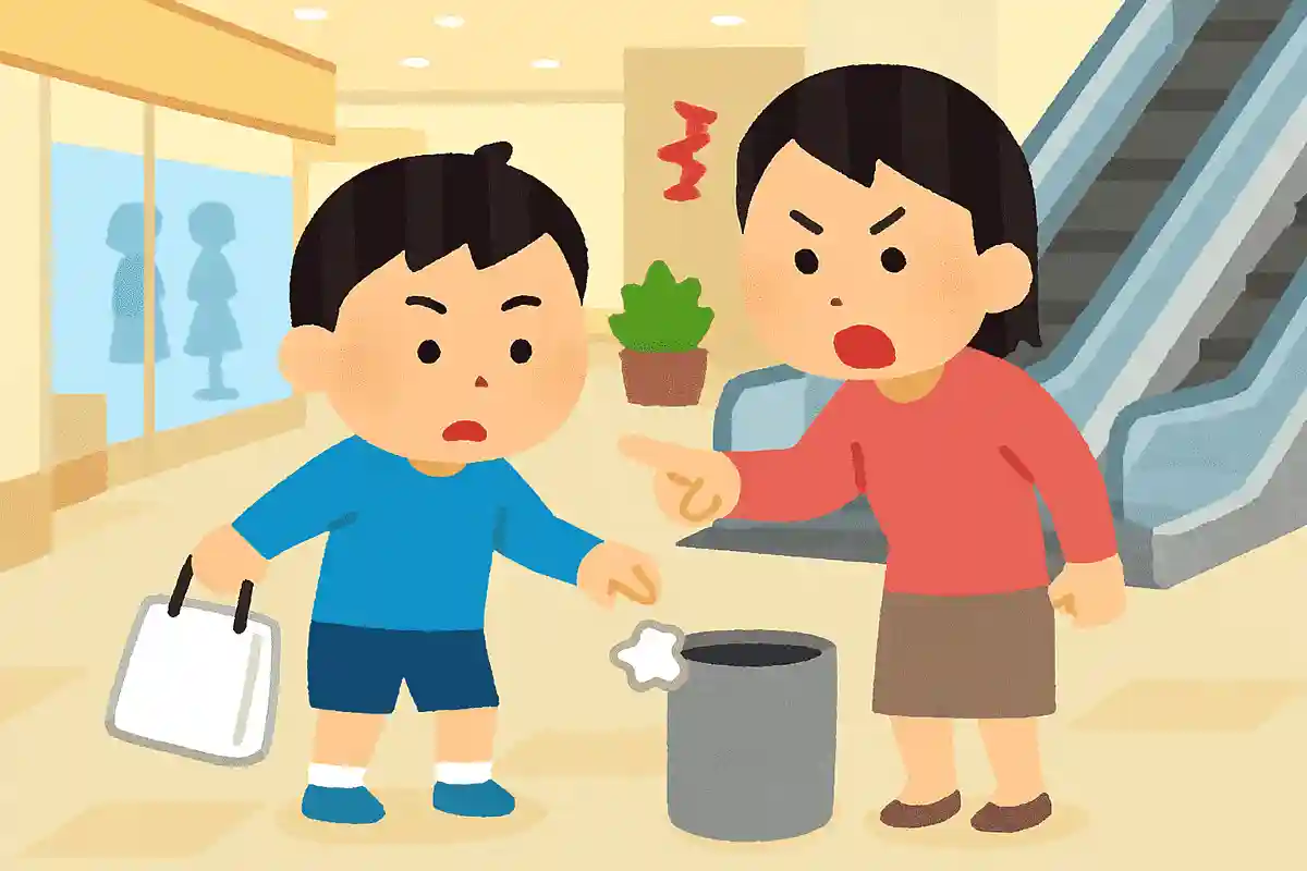 ショッピングモールへかいものにいきました。ゴミをゴミ箱にすてたらおこられてしまいました。なぜでしょうか？