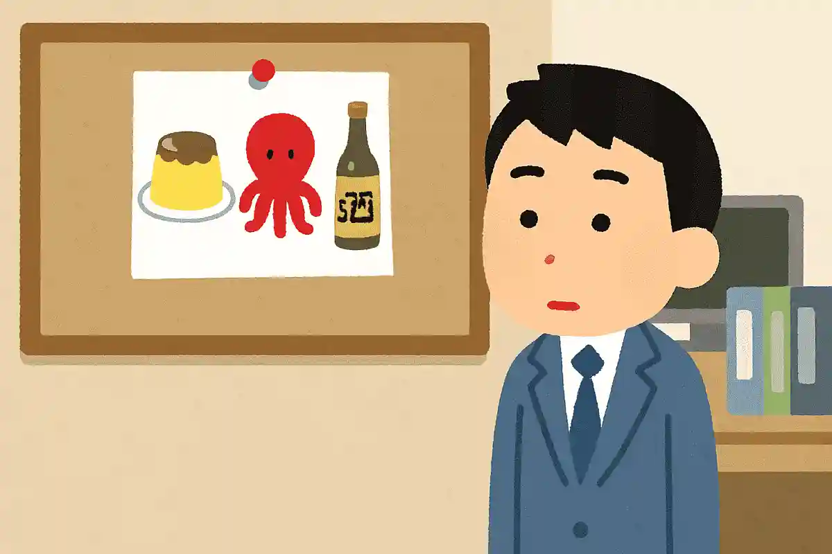 広告会社に勤めるAさんが出勤すると、社内の掲示板にプリンとタコと焼酎のビンの絵が描かれた紙が貼られていました。この日のAさんの仕事は順調に進められたでしょうか？