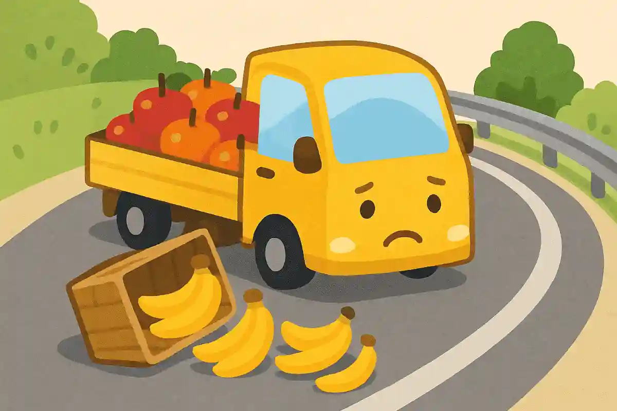 リンゴとみかんとバナナを乗せたトラックがカーブで何かを落としました。それは何でしょう？