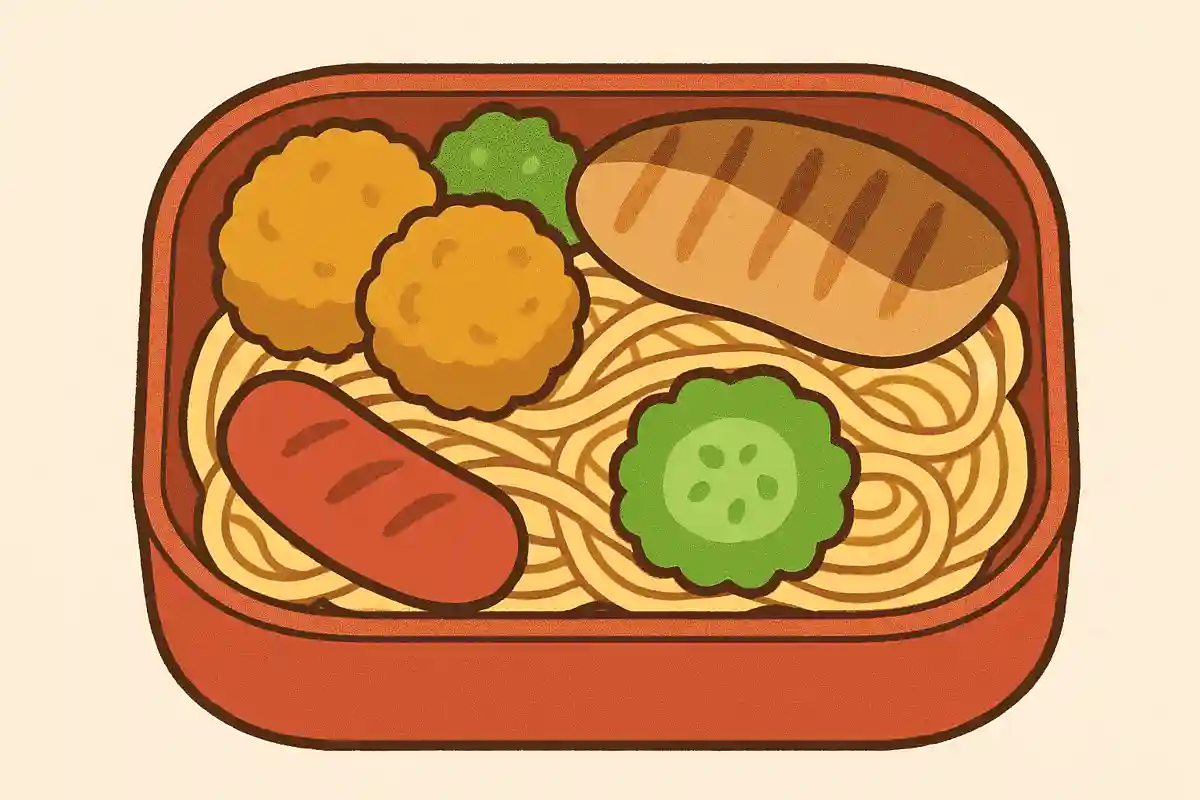 お弁当のおかずの下にパスタがあるのはずれ防止のため