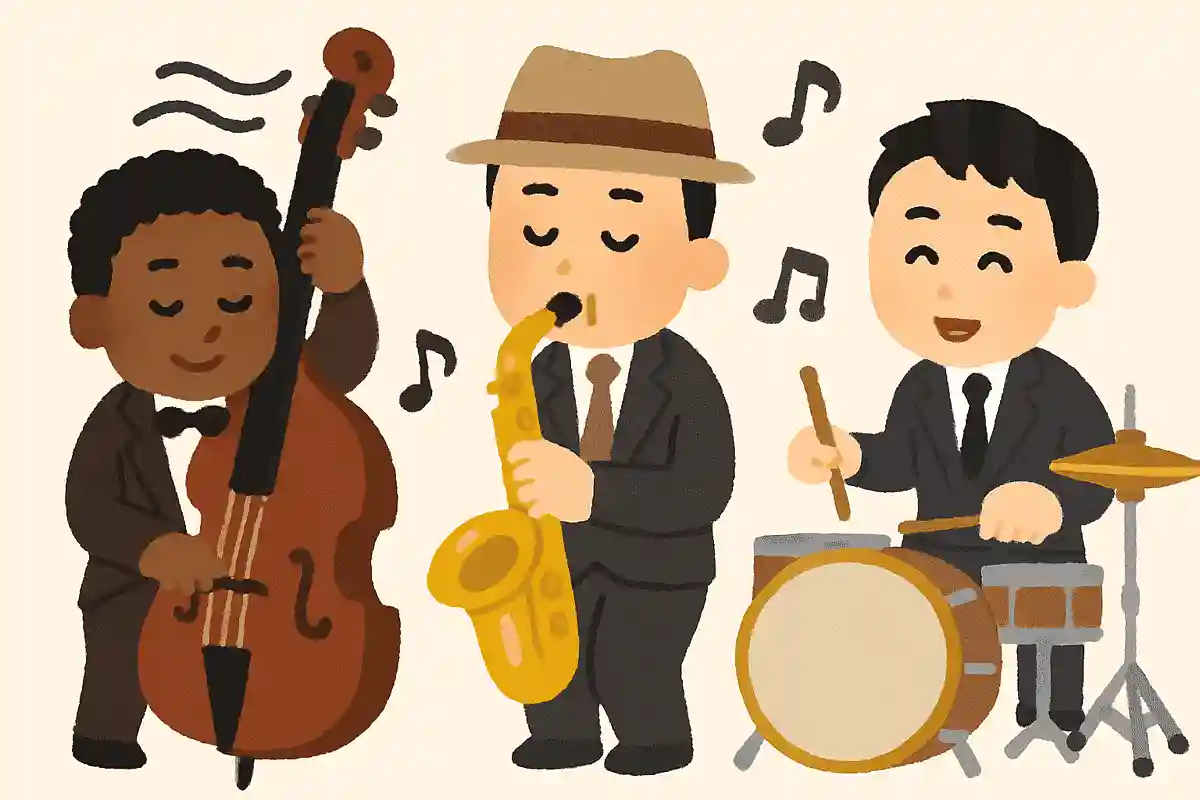 スウィングのリズムや即興で演奏される音楽ジャンルは？