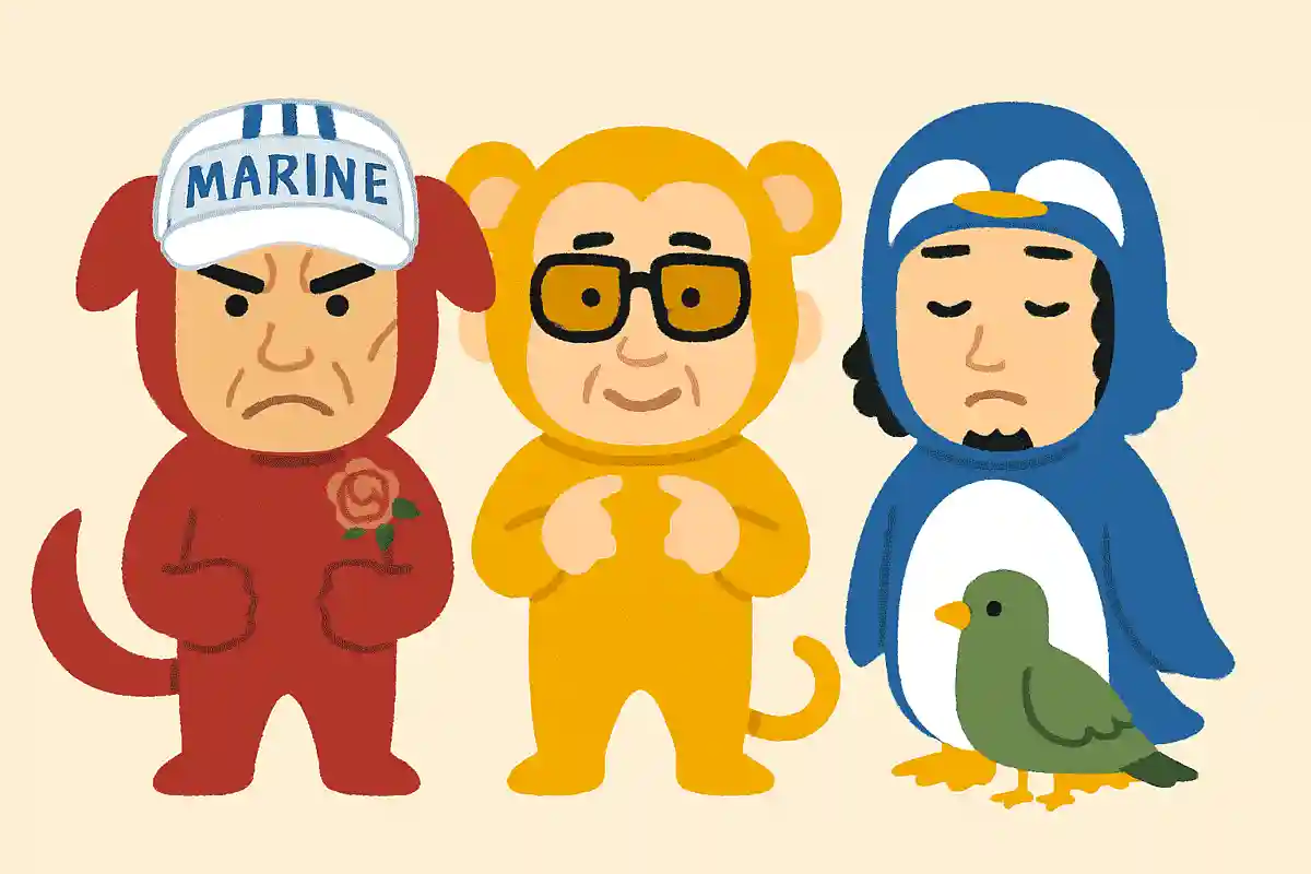 三大将の異名、赤犬、黄猿、青キジは桃太郎にお供をする動物が由来