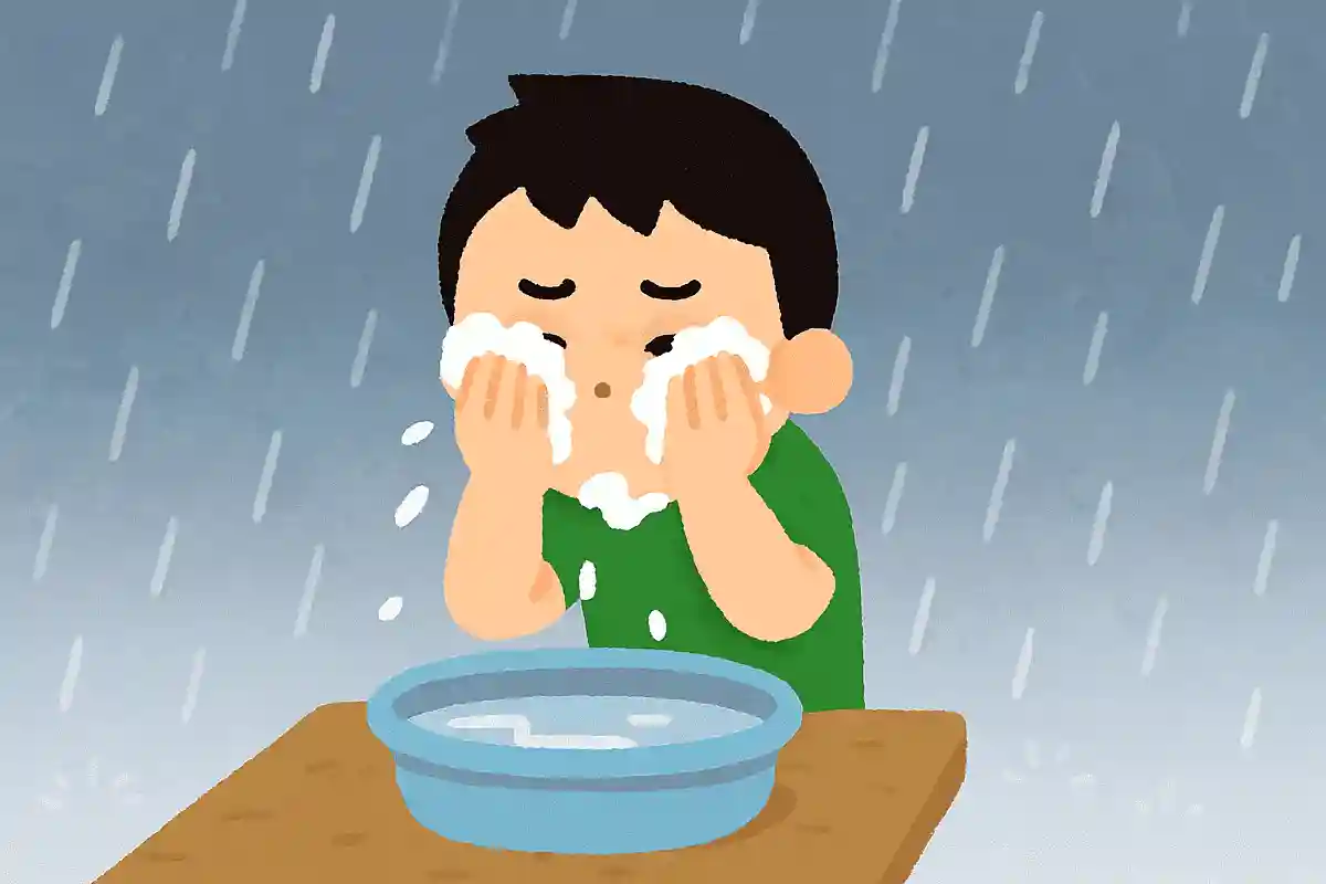 「〇が顔を洗うと雨」