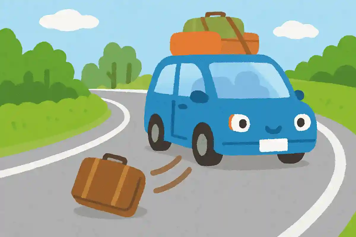 荷物をたくさん載せた車がカーブで落としたものはなんでしょう?