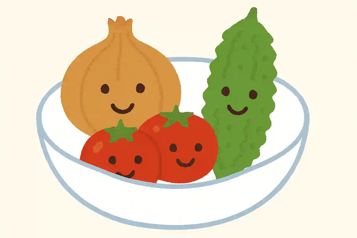 ボウルに玉ねぎが1個、トマトが2個、さらにゴーヤが1個あります。ボウルにはいくつ野菜がありますか？