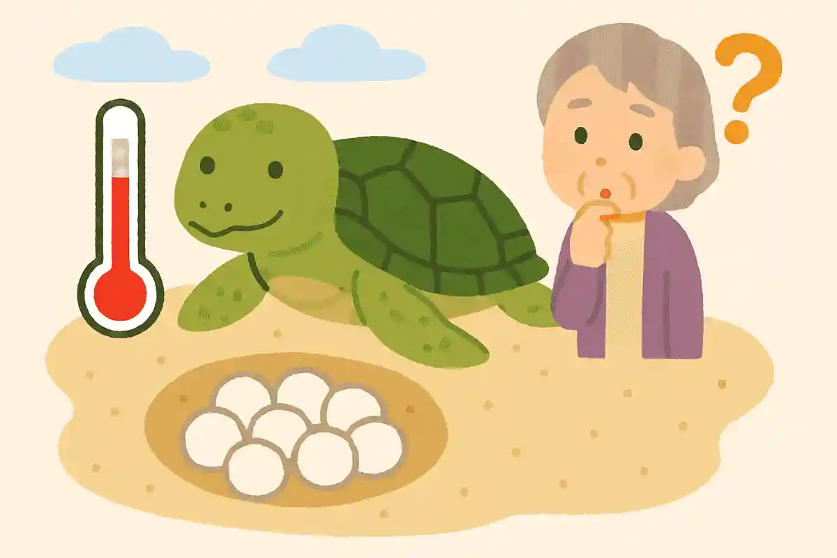 ウミガメの卵は砂の中の温度でオスメスが決まります。ちょうど良い温度だと同じ割合で生まれるとされていますが、その温度は何度でしょうか。