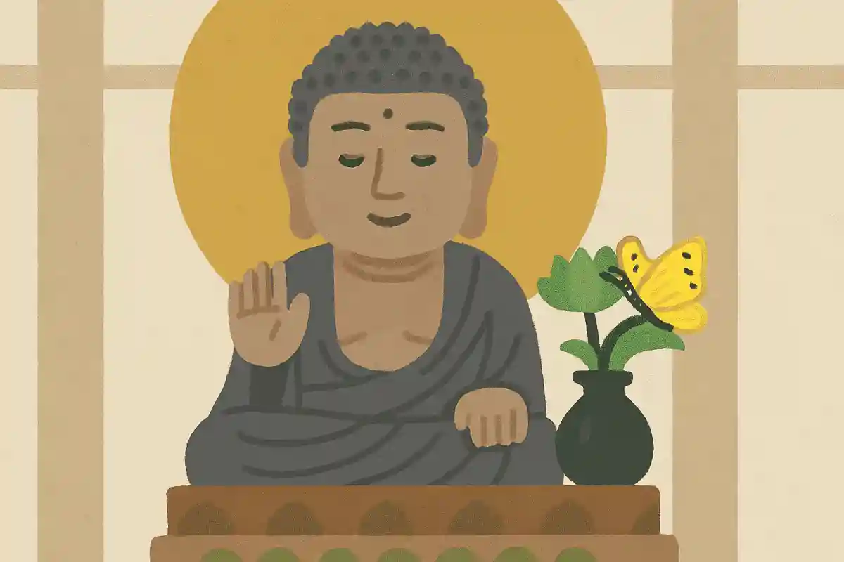 大仏の足元の花瓶にとまっている蝶の、実際にはない特徴とは？