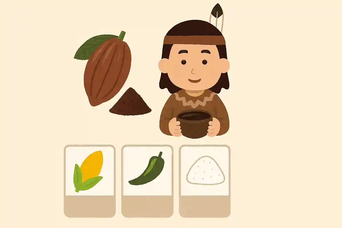 アメリカ先住民族はカカオの粉末に何を混ぜて飲んでいた？