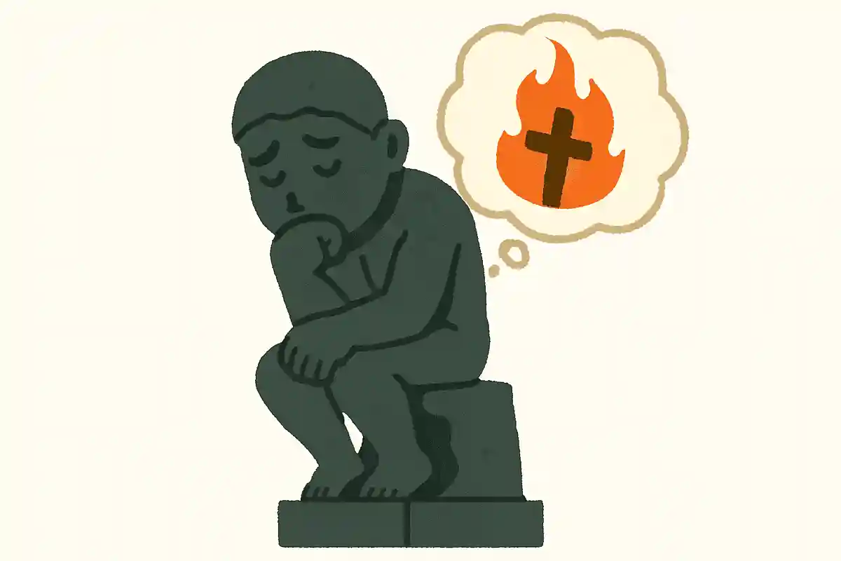 ロダン作の彫刻「考える人」は自信の罪について考えている。