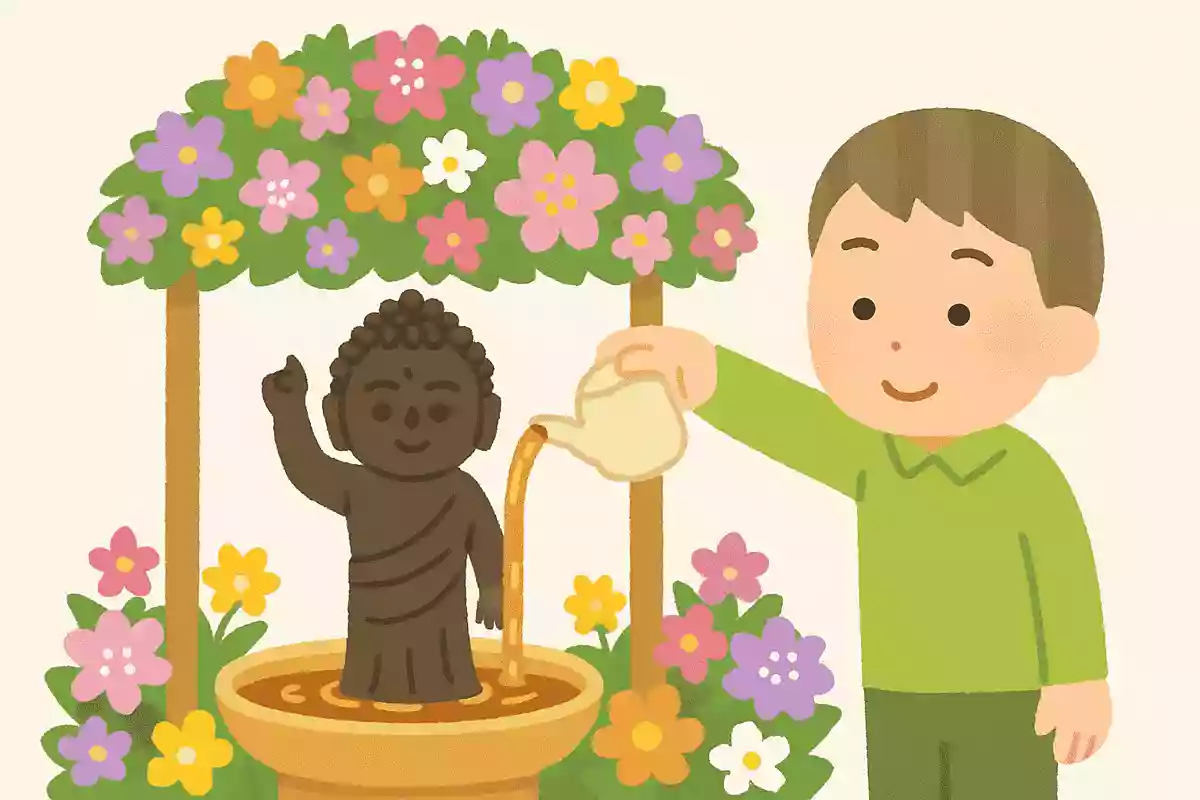 花祭りではお釈迦様の像に甘茶をかける