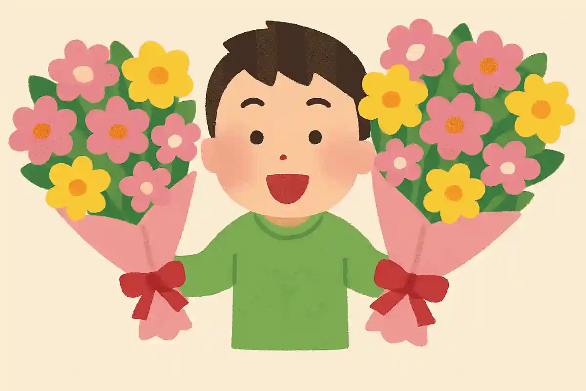 右手に2束、左手に3束の花束を持っているとき、全部まとめると何束でしょう？