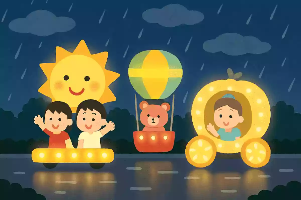 ミニパレードの「ナイトフォール・グロウ」が開催されるときの天気は何でしょう?
