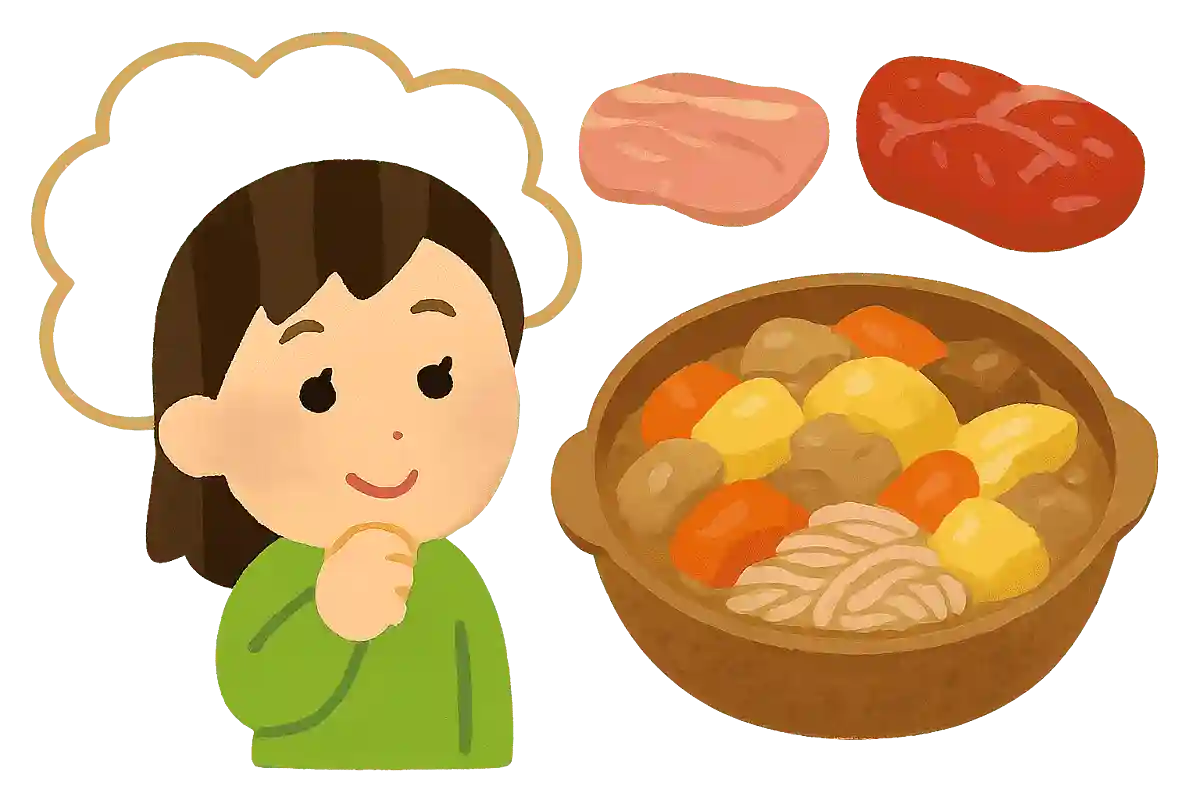 関東では豚肉、関西では牛肉が使われています