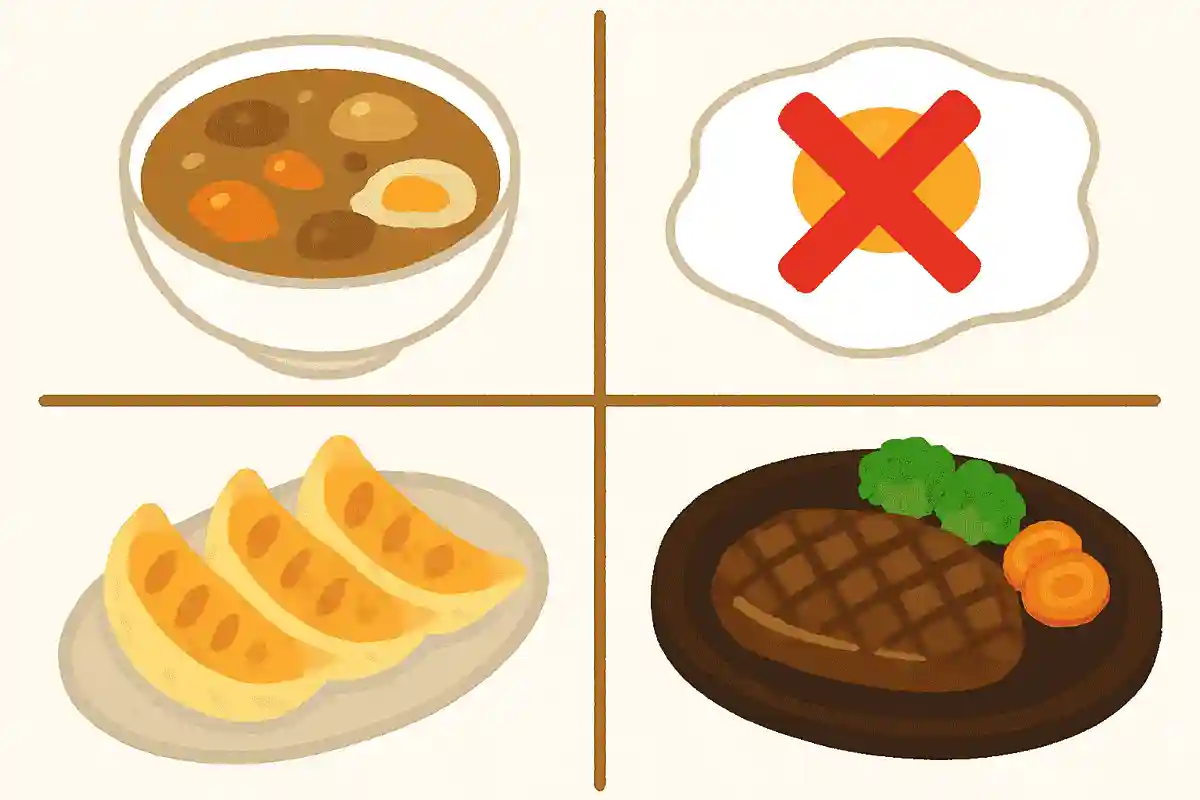 シチュー、目玉焼き、焼き餃子、ステーキの中で仲間はずれはどれ?