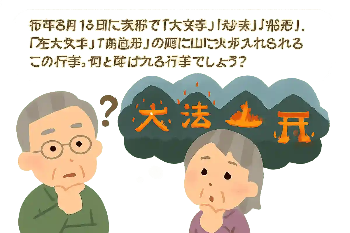 毎年8月16日に京都で「大文字」「妙法」「船形」「左大文字」「鳥居形」の順に山に火が入れられるこの行事。何と呼ばれる行事でしょうか？