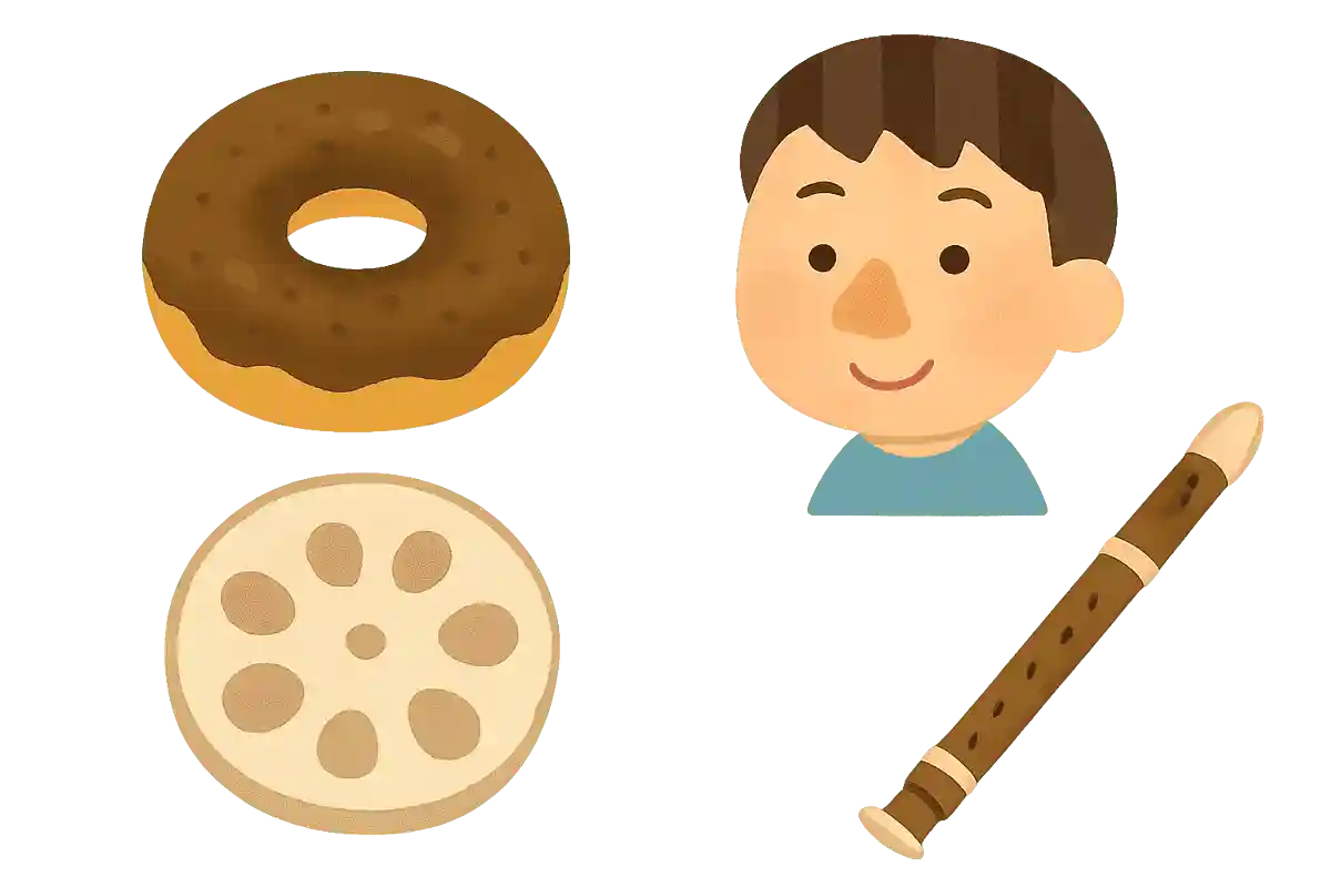 【ある】ドーナツ、鼻、レンコン、笛【なし】キャンディー、目、だいこん、鈴