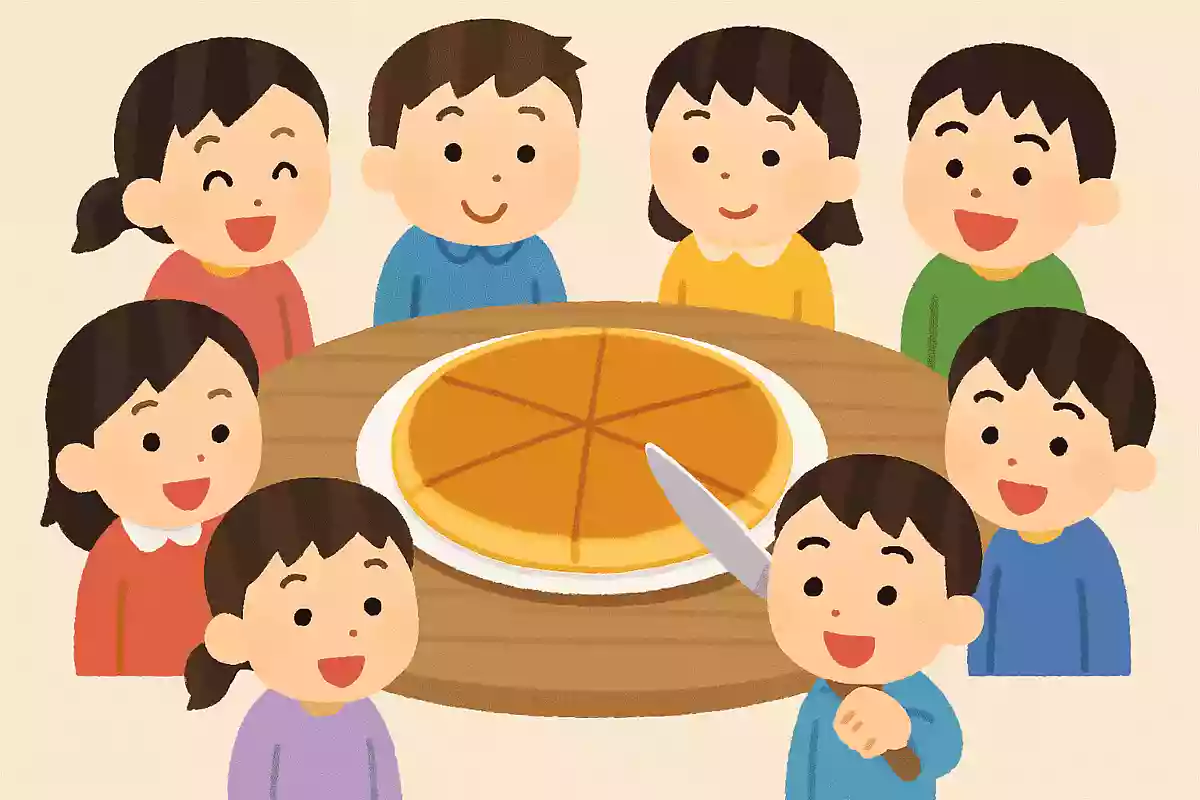 8人の子供と1つのホットケーキがありました。ホットケーキをナイフで切り分けるのは3回だけです。8等分に分けるにはどうしたらいいでしょうか？