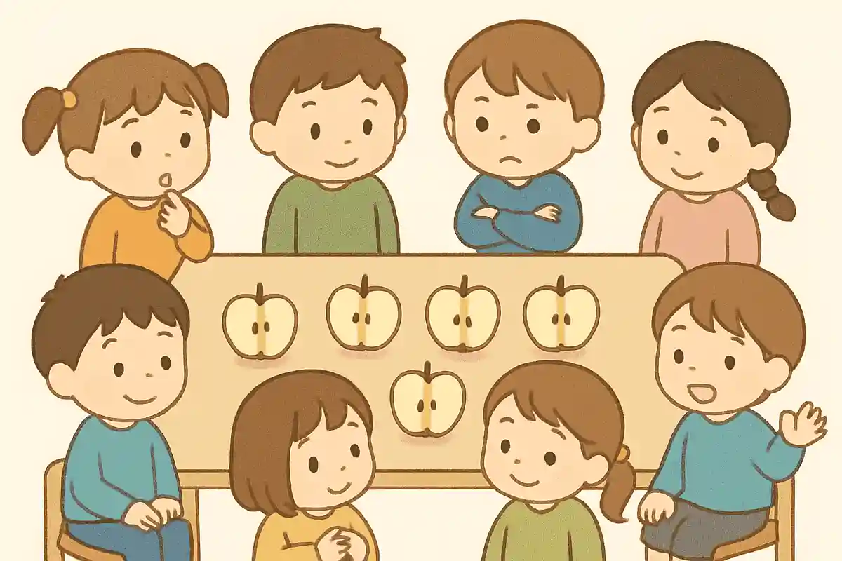 リンゴ5つを8人で同じようにわけるにはどうすればいいでしょうか