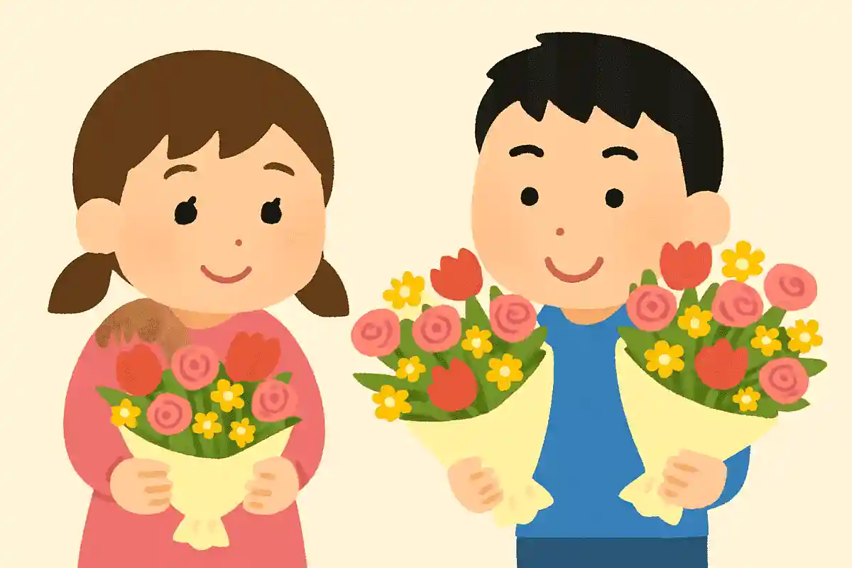 さくらちゃんが花束を2つ持っていました。タケシくんは3つ持っています。合わせると何束？