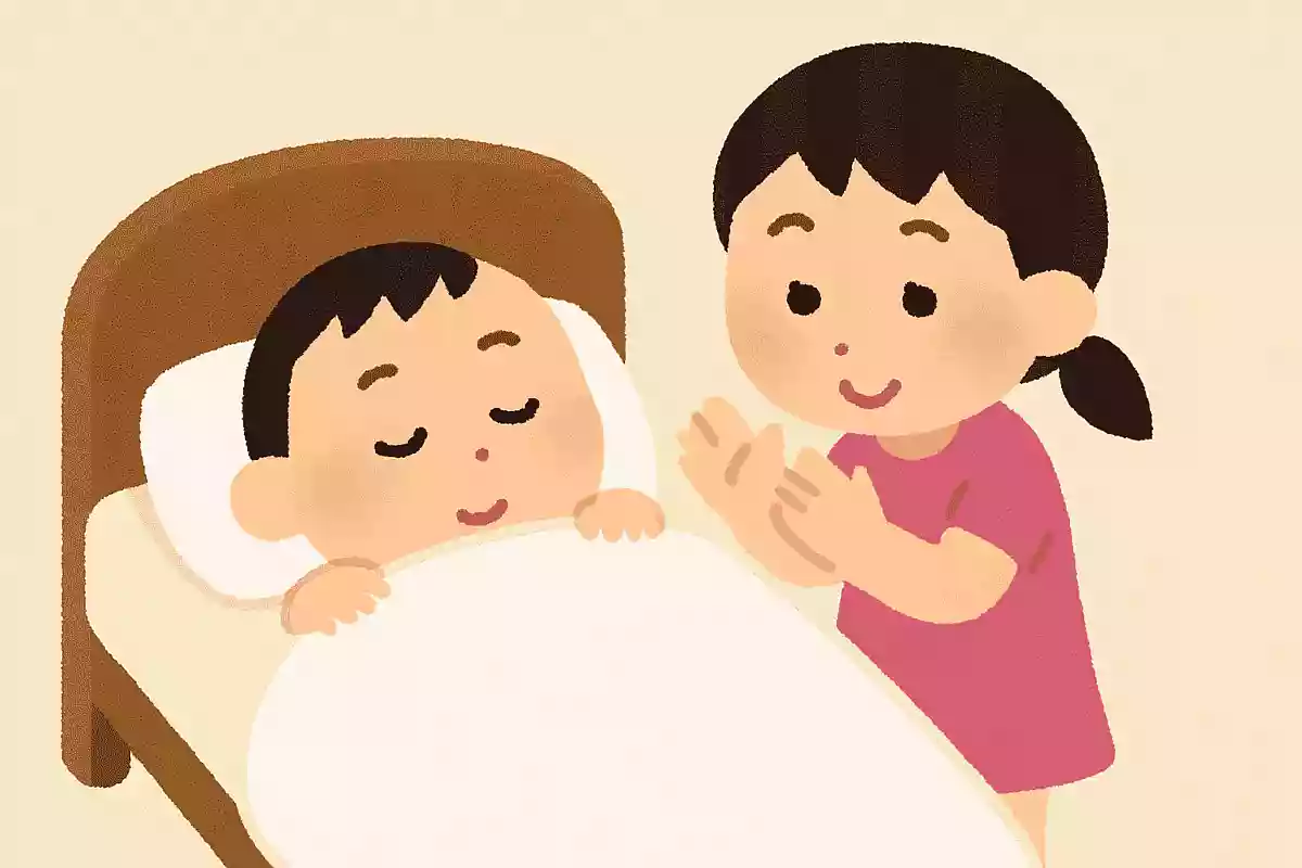 贝贝盖白被, 妹拍贝贝睡。
