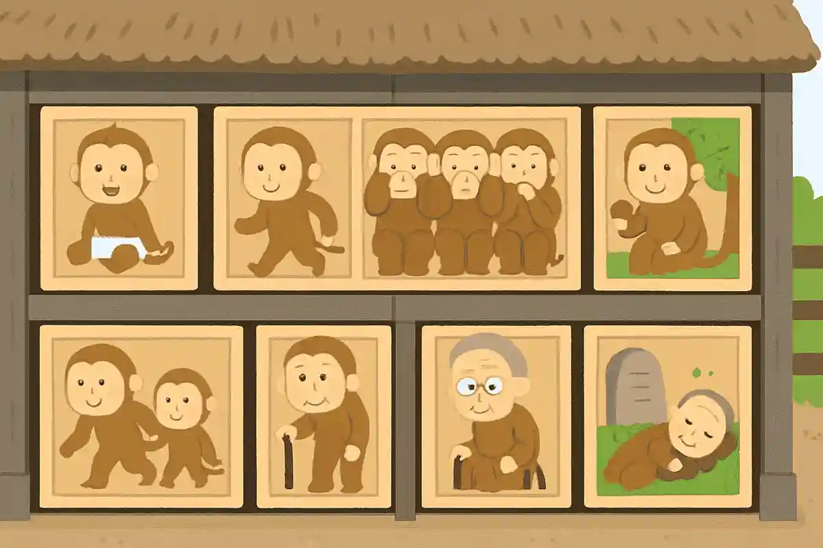 厩舎の周りに貼り巡らされた、猿の一生が彫られた8枚の板のうち三猿は一生のどの部分を表しているでしょうか。