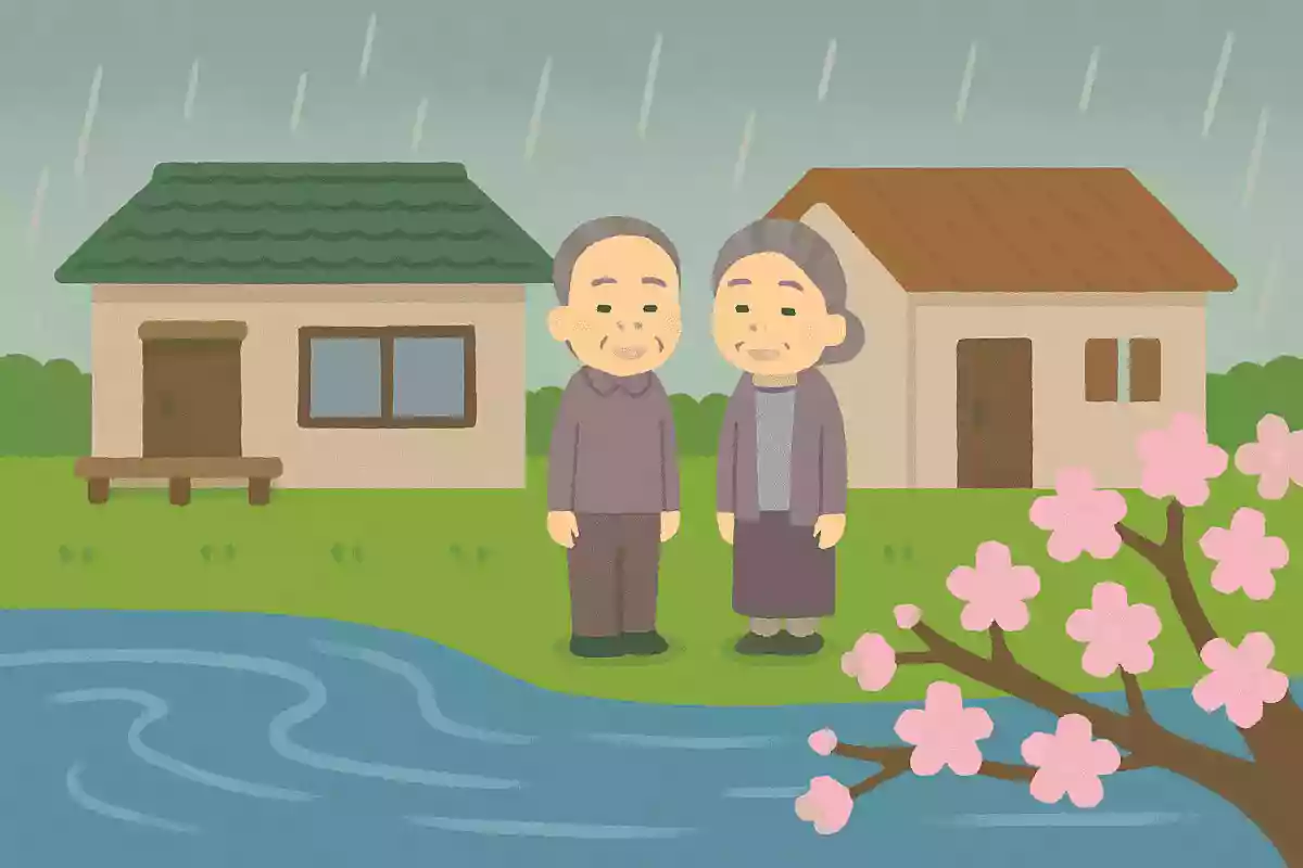 五月雨や 大河を前に 家二軒