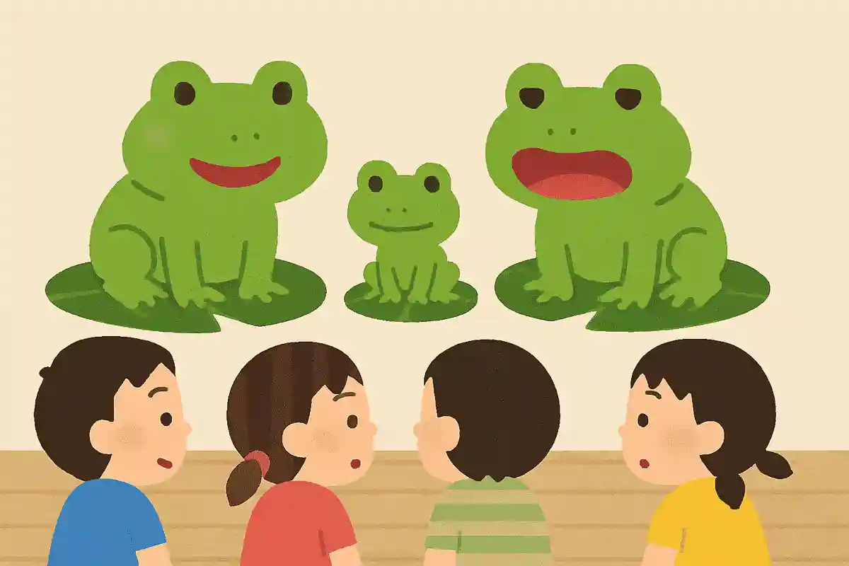 おかあさんカエルはケロケロ、おとうさんカエルはゲロゲロと鳴きます。子供は？