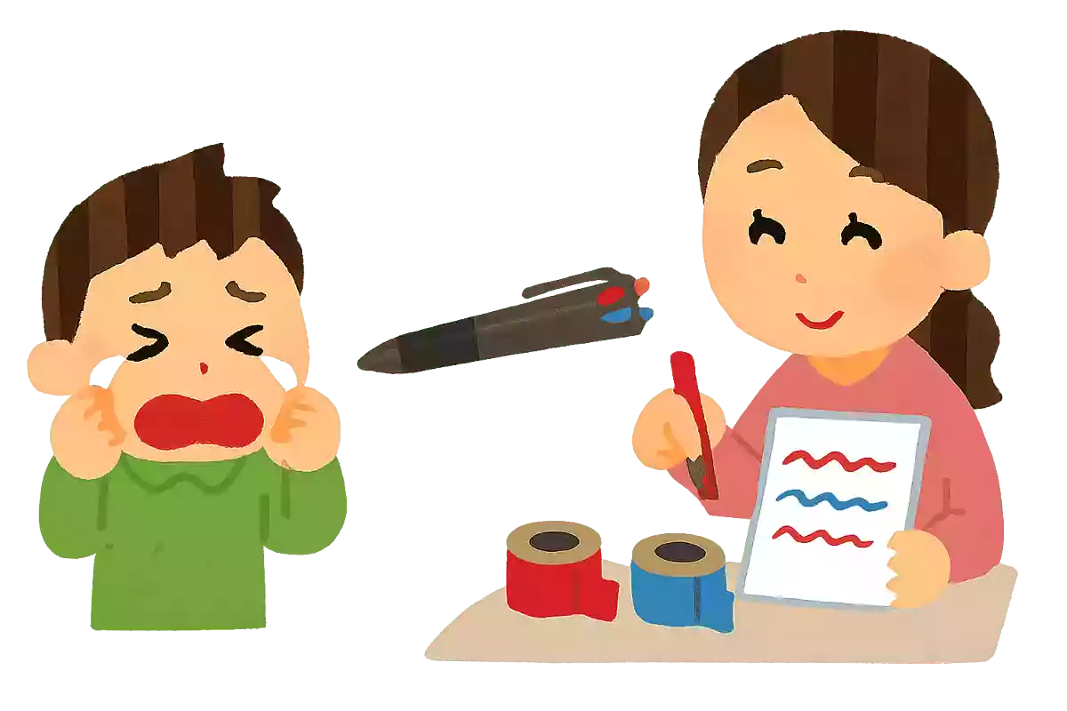 三郎くんは、お母さんから「赤、青、黒」の3色ボールペンをもらいました。嬉しくてたくさん文字を書いていましたが、壊れてしまったようです。赤と青のペン先が出でなくなり書けません。三郎くんが「赤い文字と青い文字を書きたい」と泣いたら、お母さんはある方法で、問題を解決したようです。どのような方法で、書けるようになったのでしょうか？