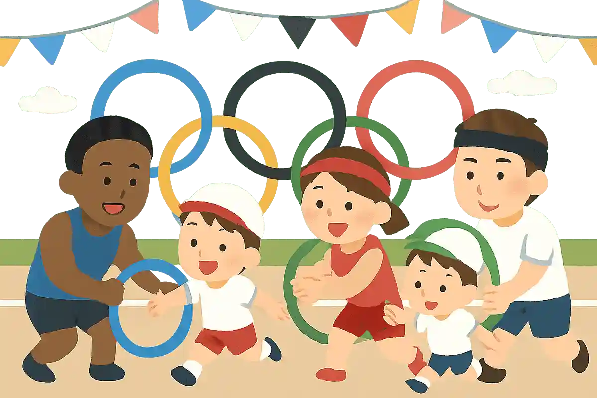 五輪マークの輪くぐりリレー