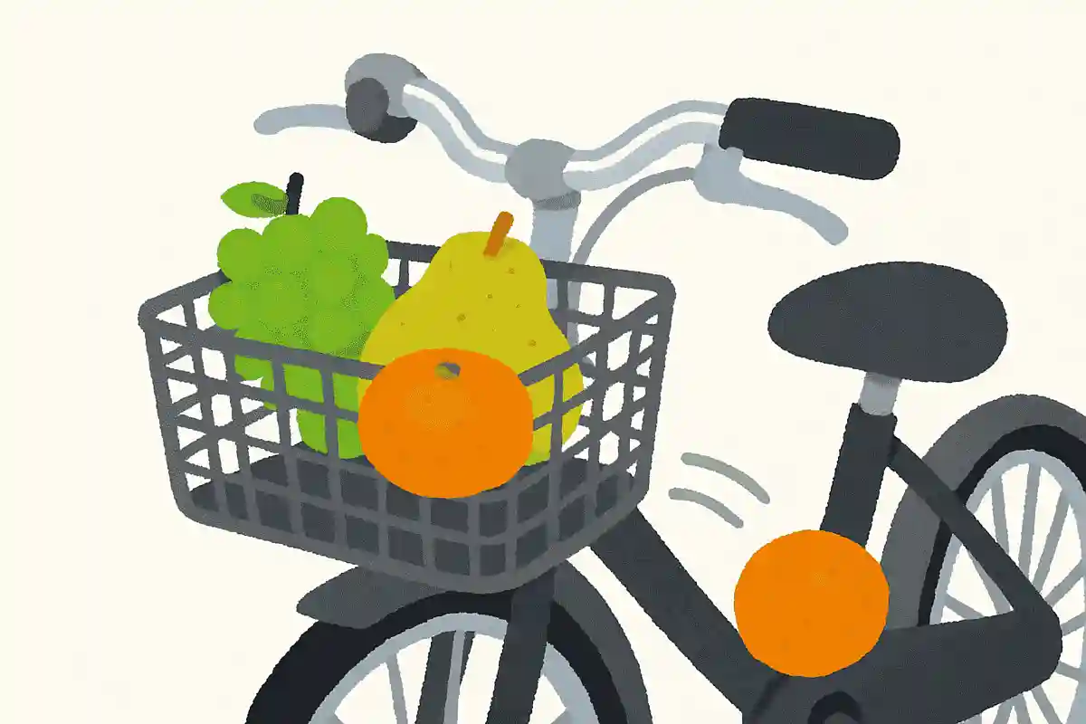 自転車のカゴにブドウ、ナシ、ミカンが乗せてあります。ブレーキをかけたときに落ちたものは何でしょうか？