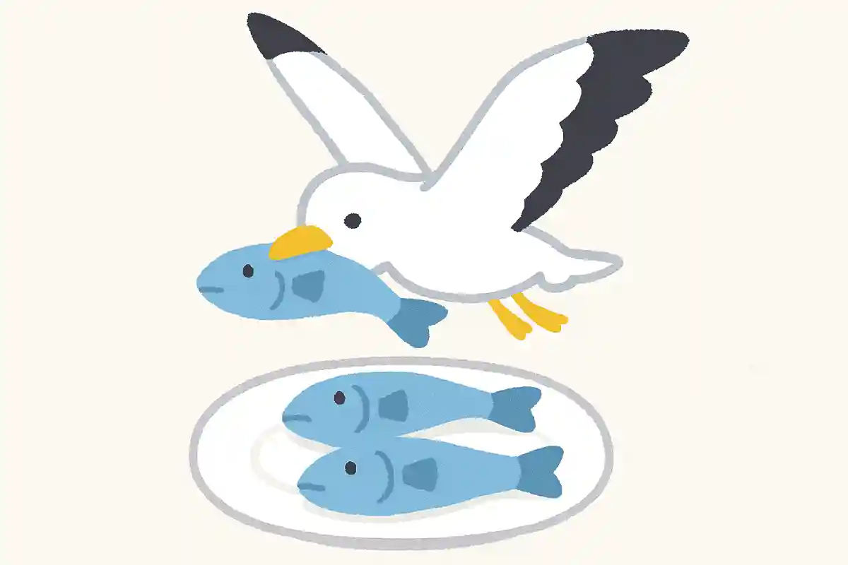 お皿に4匹の魚を置いておきました。カモメが飛んできて、1匹くわえていきました。お皿の上には、今何匹の魚が置いてあるでしょうか?
