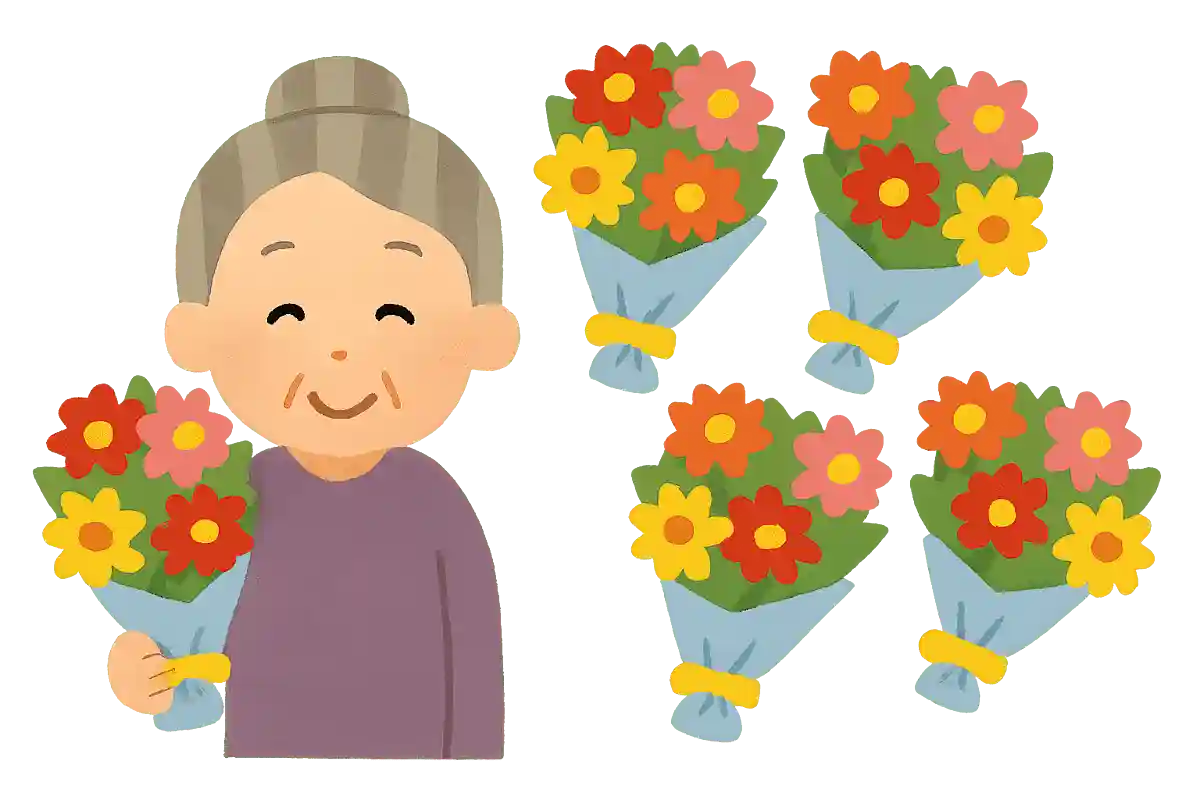 花子さんは2つの花束を持っています。友達から花束を4つもらいました。合わせると花束はいくつになるでしょうか?