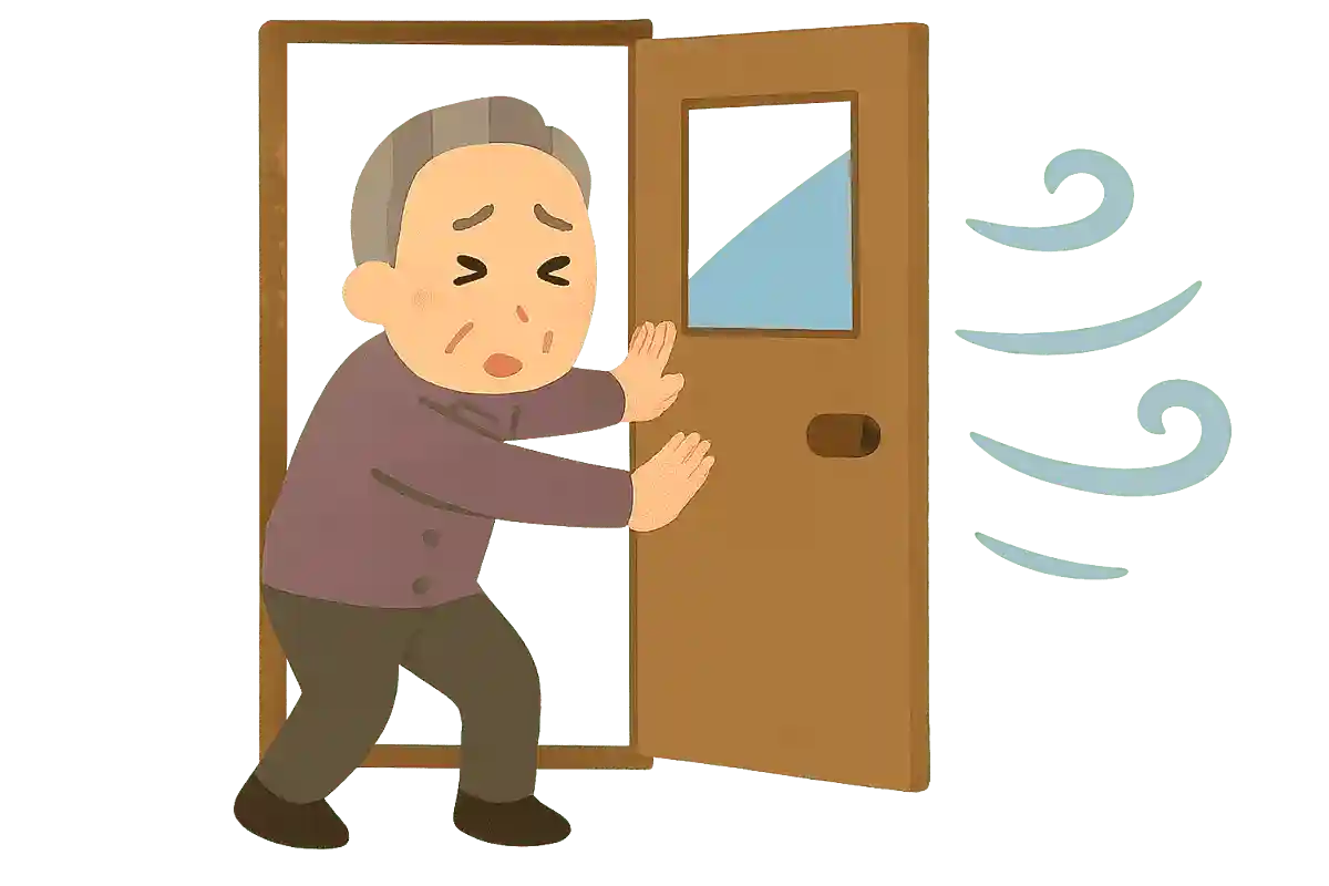 次郎君はドアを閉めようとしたら、強風で開いてしまいました。しめようとしましたが、ドアはしまりません。なぜでしょうか？