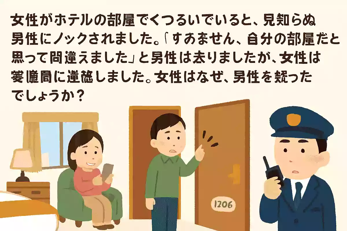 女性がホテルの部屋でくつろいでいると、見知らぬ男性にノックされました。「すみません、自分の部屋だと思って間違えました」と男性は去りましたが、女性は警備員に連絡しました。女性はなぜ、男性を疑ったでしょうか？