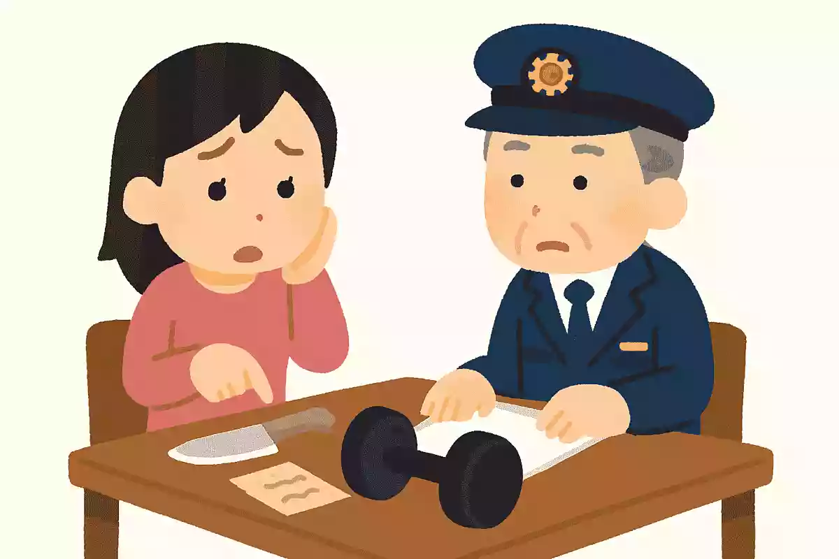 一人暮らしをする女性が警察に「毎日のようにドアポストから部屋に物が投げ込まれ困っている」という通報がありました。女性が言うには、脅迫のような内容のメモや果物ナイフ、10kgもあるダンベルが投げ入れられたとのこと。女性の証言にひとつ、おかしな点があります。それはどこでしょうか？