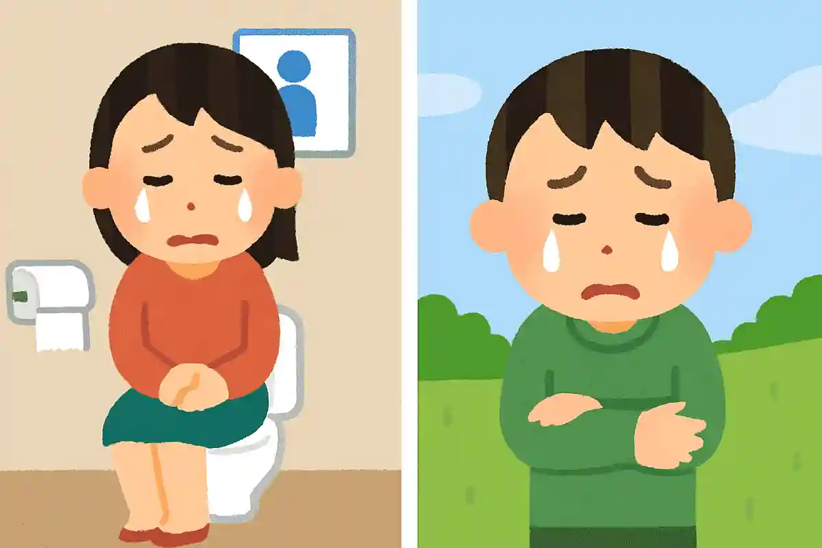 いまにも泣きそうな人がいます。1人はトイレにいますが、もう1人はどこにいる？