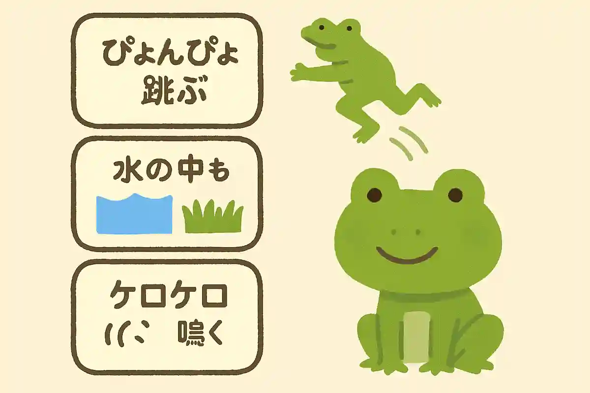 ぴょんぴょん跳ぶ、水の中も陸上でも大丈夫、ケロケロ鳴く、これは何?NEW!