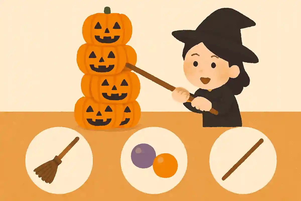 イギリスでおこなわれる山を崩さないように遊ぶハロウィンゲームに使われるものは？