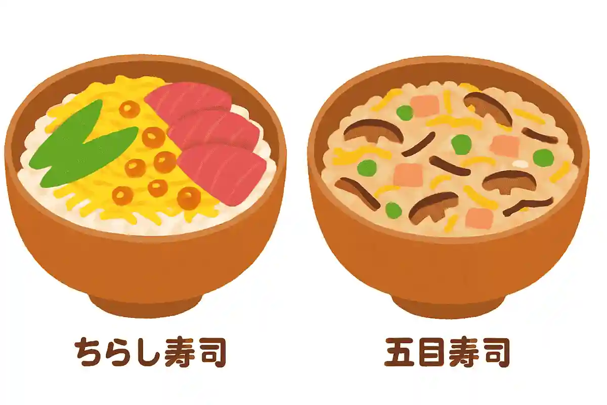 비슷해 보이지만, '치라시스시'는 재료를 밥 위에 올리는 것이고, '고모쿠스시'는 재료와 밥을 섞는 음식이다.NEW!