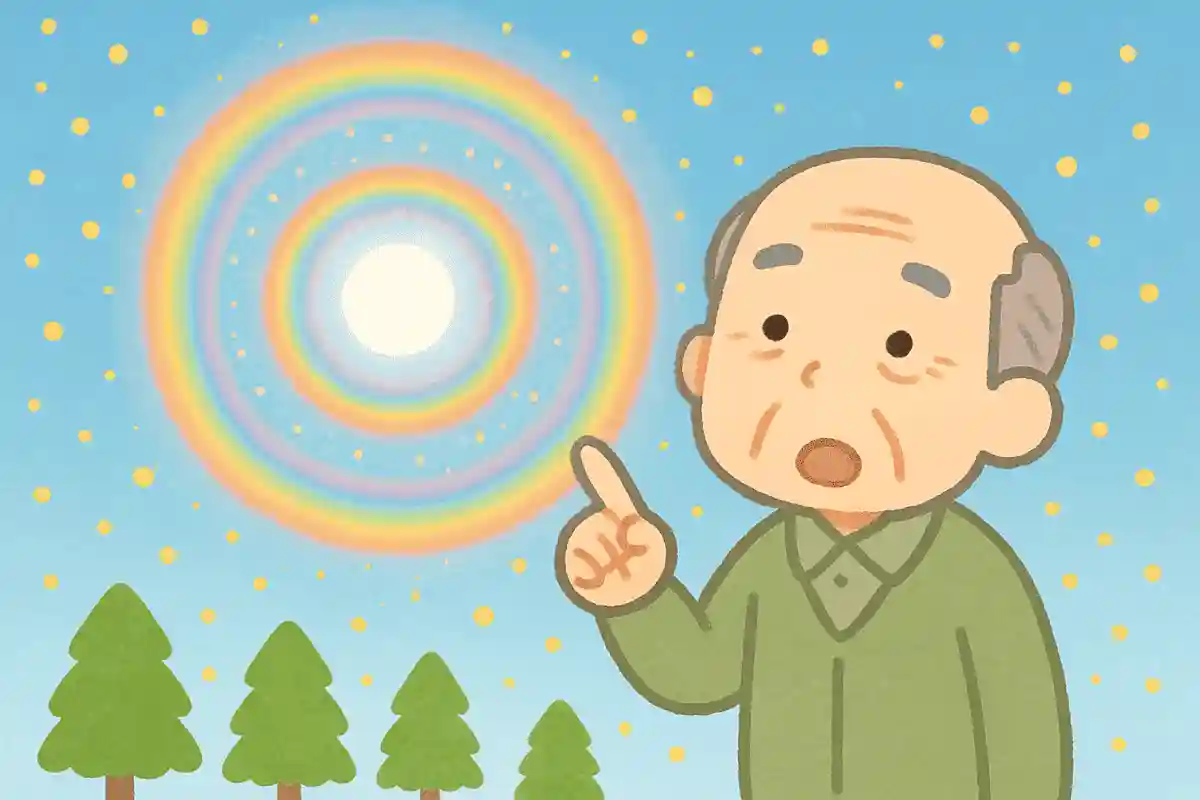 大気中に大量に飛散にた花粉によって、太陽の周りに虹のような環が重なって見える現象を何と言うでしょうか？NEW!