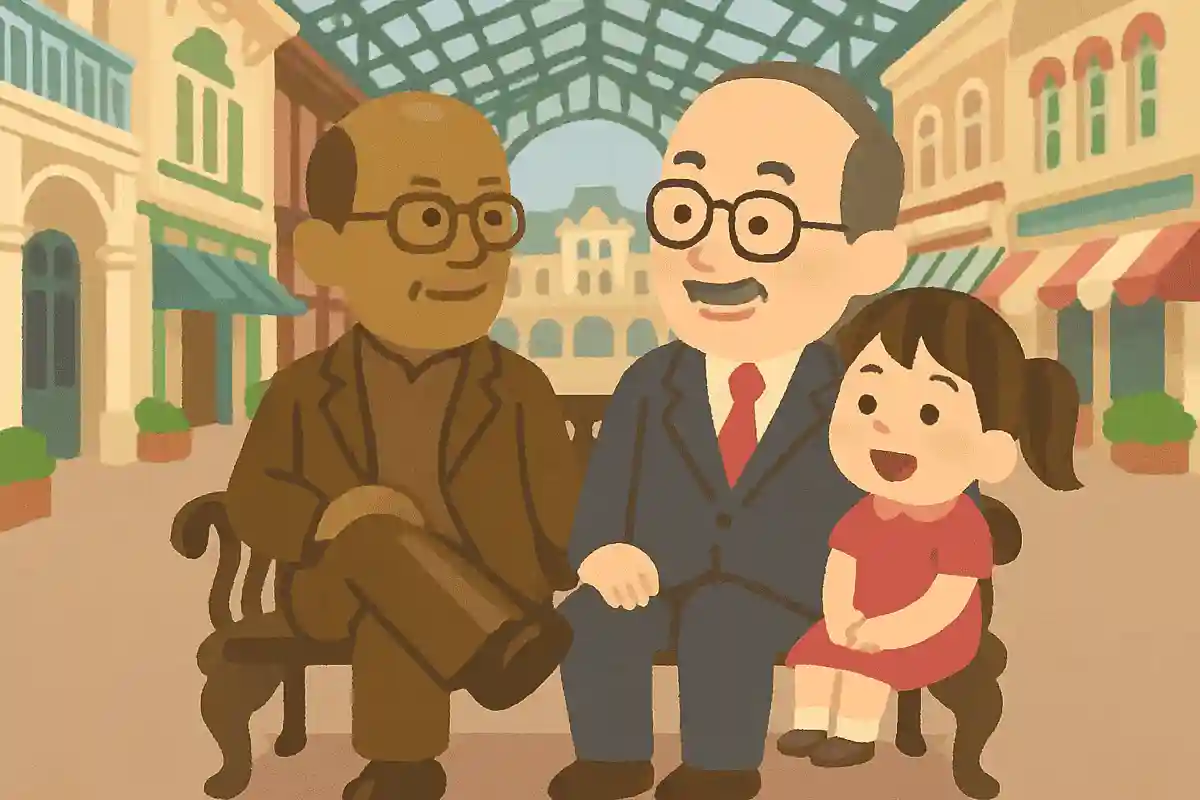 월드 바자에 있는 미니 마우스 동상 옆에 앉아 있는 사람은 누구일까요?