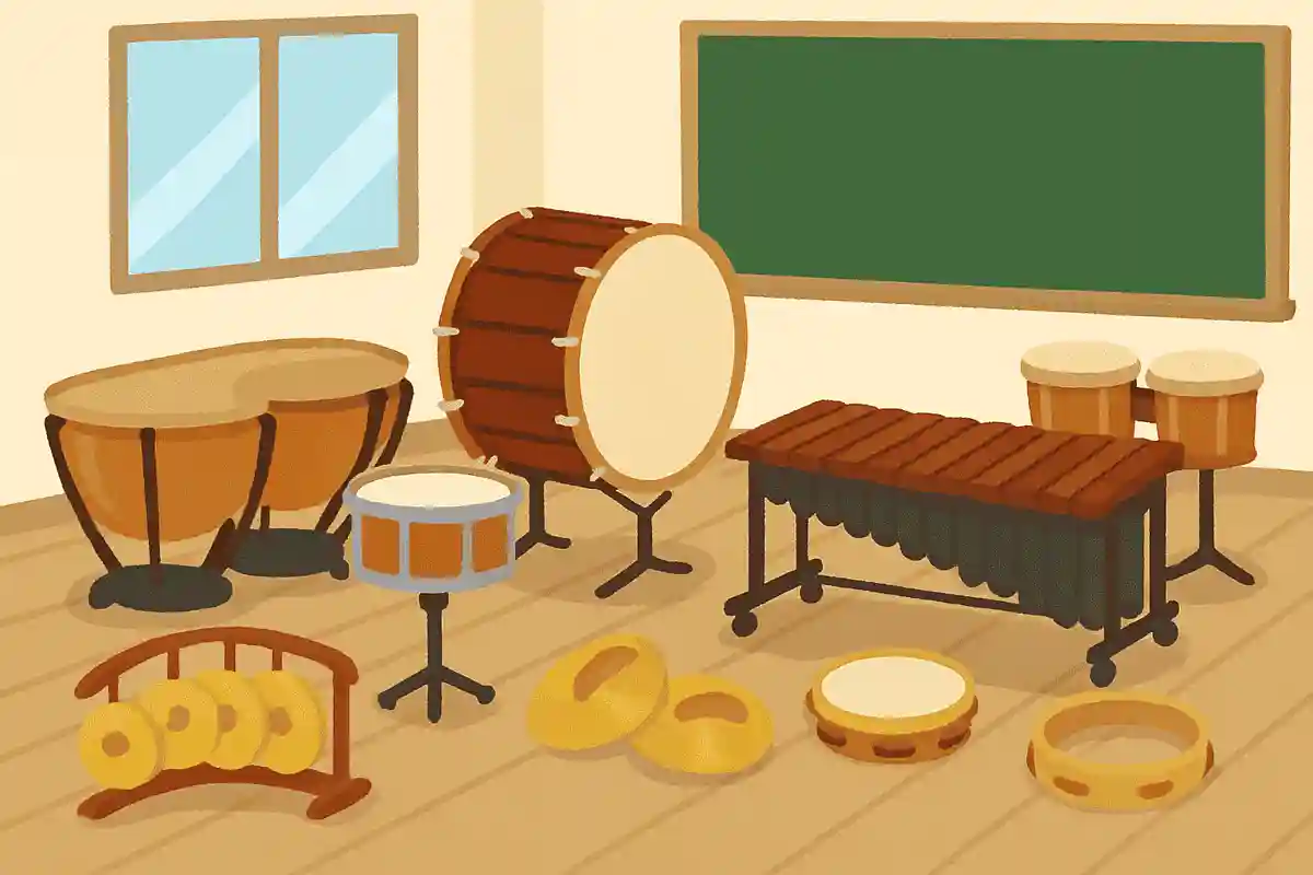 How many types of percussion instruments are there in the music room?