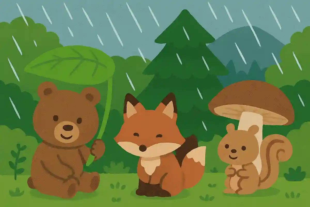 雨が降っている時は、山や森にいる動物さんはどうするでしょう？
