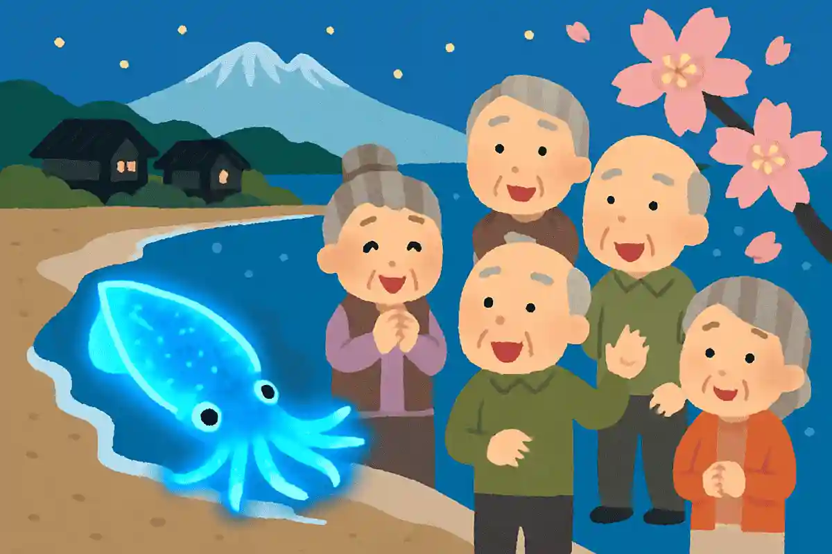 春になると富山湾の海岸で見られる、青く幻想的に光るイカといえば何でしょう？