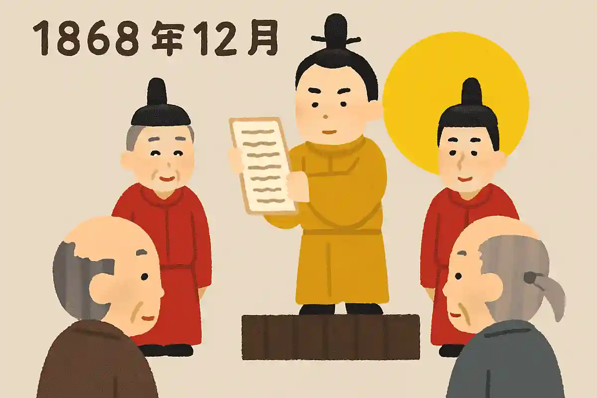 1868年12月 江戸幕府を廃止し、天皇を中心とした明治政府樹立を示した宣言を何というでしょうか？NEW!