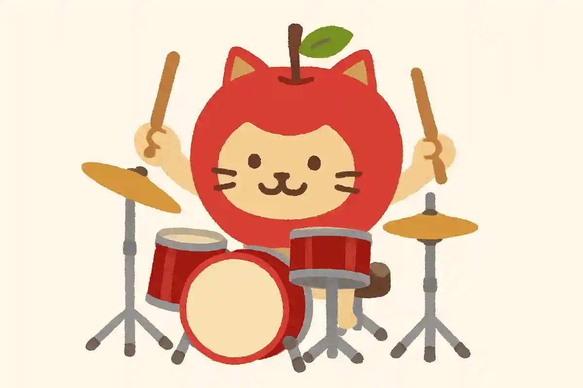 青森県黒石市のゆるキャラ、猫とリンゴが合体したキャラクターの特技はドラムNEW!