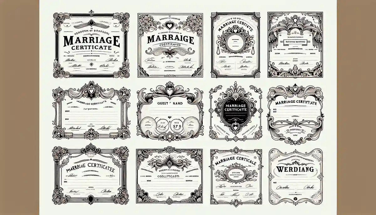 A collection of stylish marriage certificate ideas, including guest-participation certificates.
